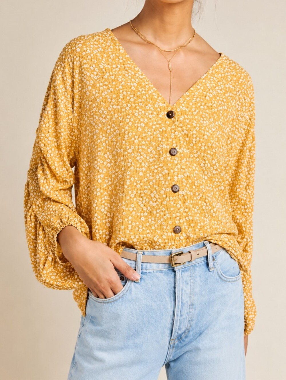 Maeve Anthropologie Mustard Floral Button-Front V-Neck Blouse